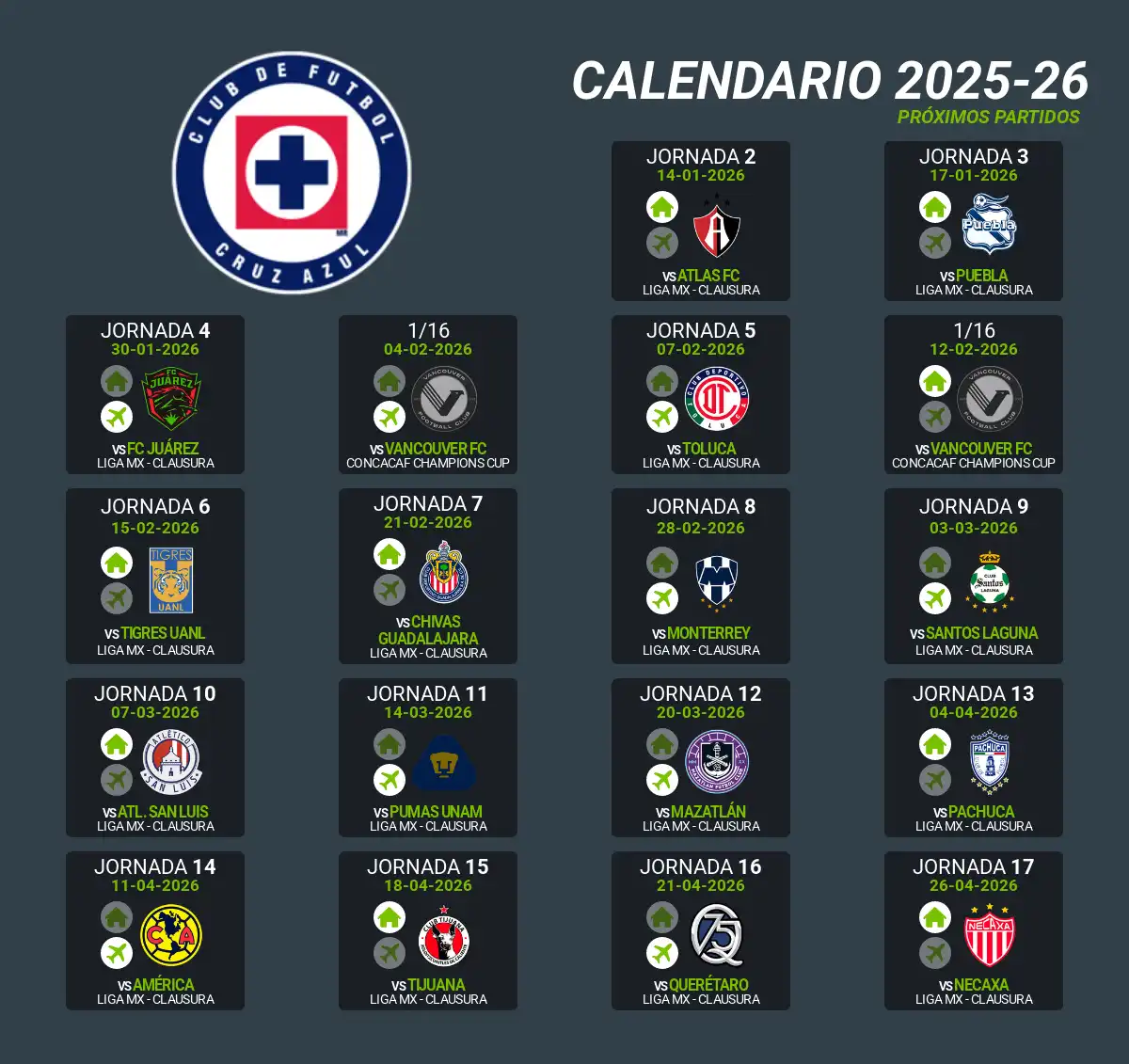 Calendario de partidos Cruz Azul Clausura 2026