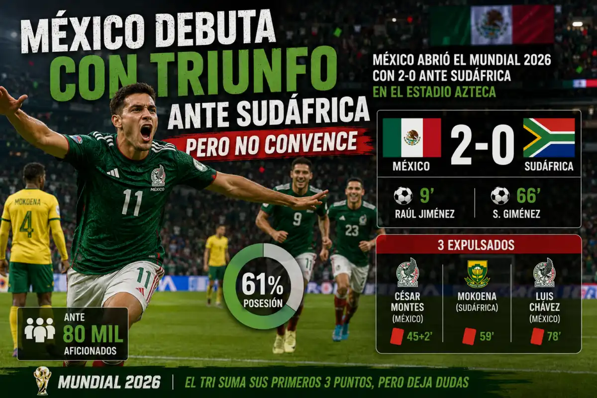 México venció 2-0 a Sudáfrica en el debut del Mundial 2026 con goles de Quiñones y Jiménez